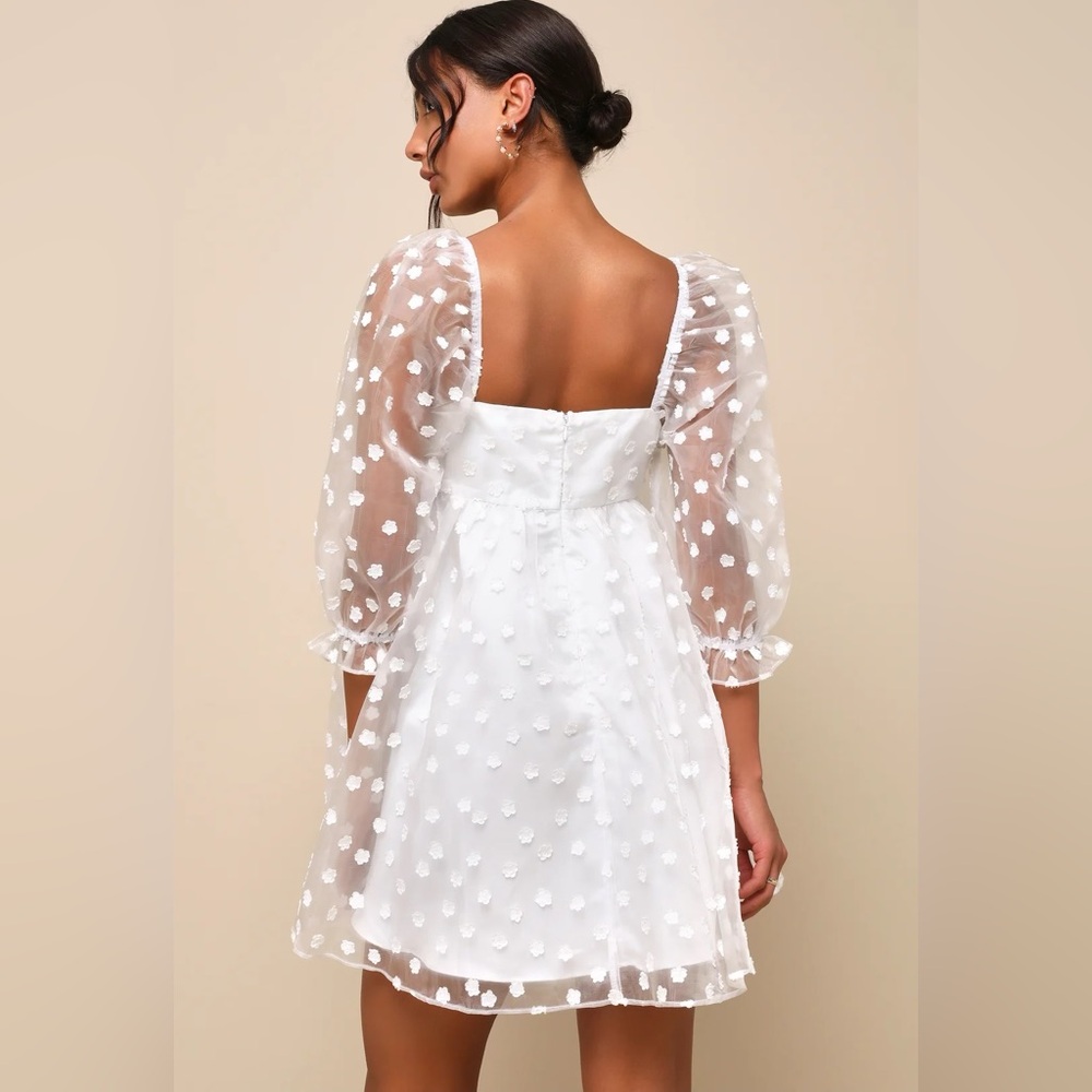Lulus “Effervescent charm white organza floral babydoll mini dress”